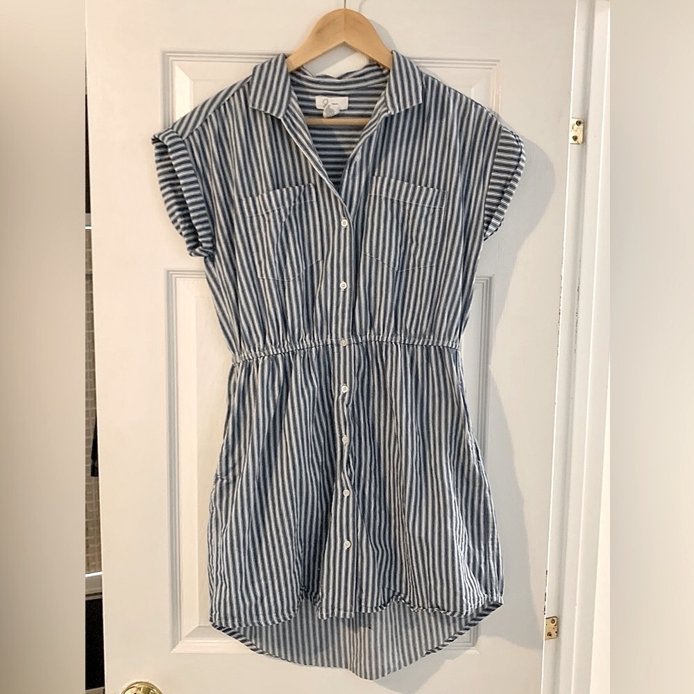 Japna Blue and White Striped Button-Front Shirt Dress